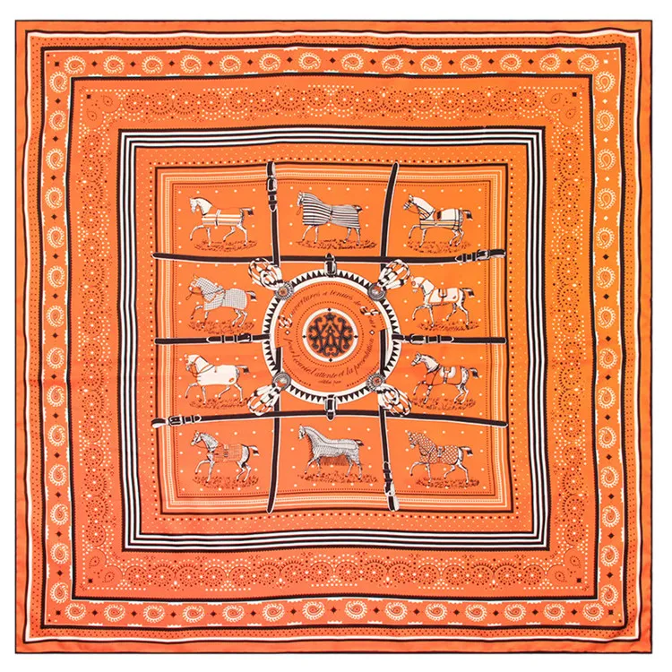 Foulard en soie sergé roulé à la main manuel femmes dix chevaux de guerre impression foulards carrés Echarpes Foulards Femme Wrap Bandana Hijab 90CM * 90CM