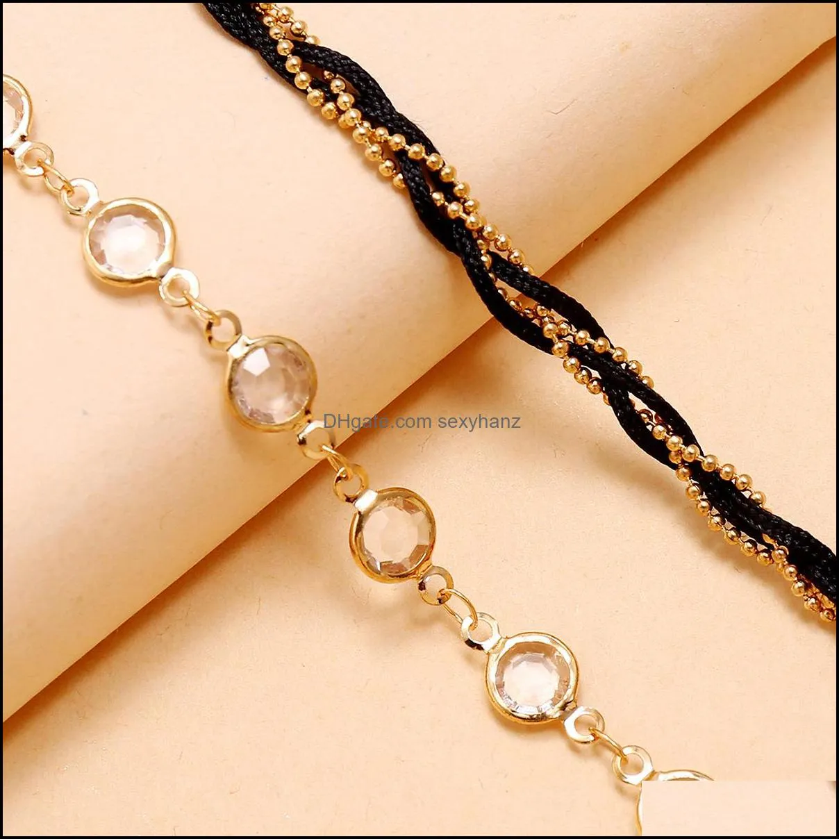 S1660 Hot Fashion Jewelry Handmade Beads Chain Transparent Rhinstone Double Layer Anklet Beach Anklets