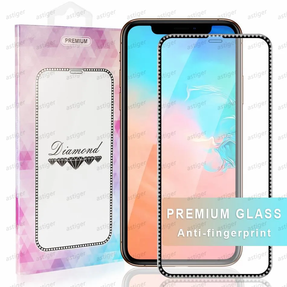 Luxuriöser Displayschutz aus gehärtetem Glas mit Diamantrand für iPhone 12 Mini 11 Pro XR XS MAX 7/8 PLUS Bling-Folie mit Box