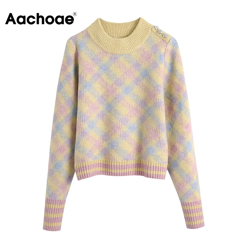 O Neck Plaid Women Long Sleeve Casual Warm Knitted Tops Ladies Elegant Pullover Sweater Jumper Jersey Mujer 210413