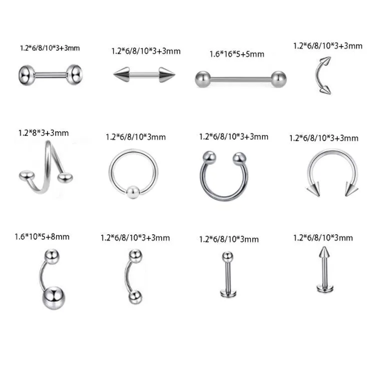 Body Piercing Jewelry Wholesale 110Pcs Mix Styles Stainless Steel Body Piercing Tongue Eyebrow Belly Nose Ring Accessories