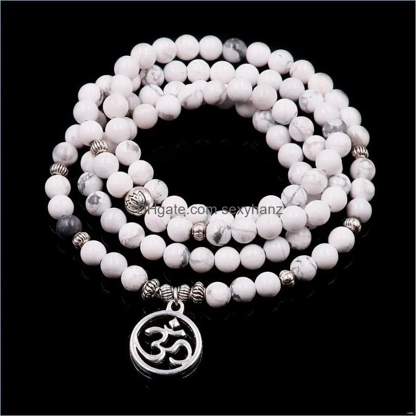 White Howlite Mala With Lotus Pendnent Natural Stone Beaded Bracelets For Men And Women Chakra Modern Yoga Zen Jewelry Beaded, Strands