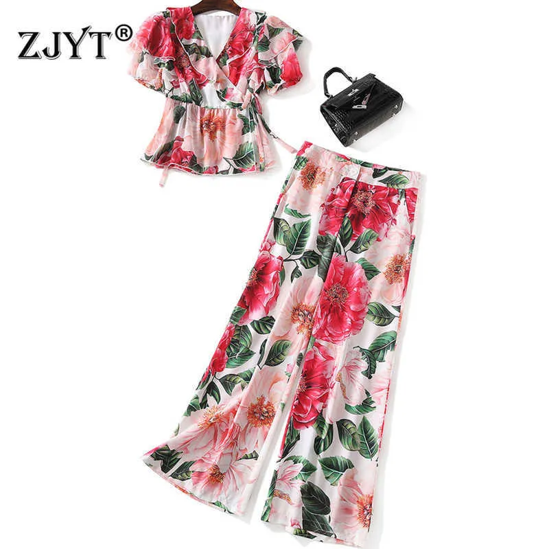 Runway Moda Verão Dois Peça Outfit Mulheres Elegante Floral Impressão Chiffon Shirt e Lugar Leg Calças Terno Conjunto de Férias 210601