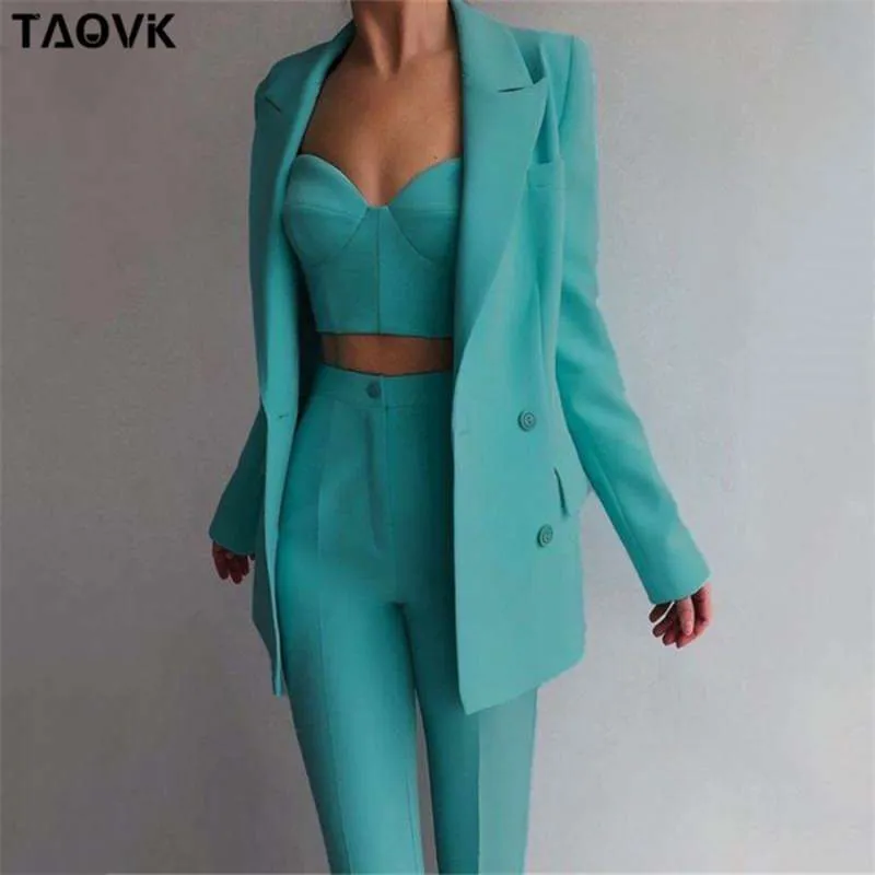 Taovk Kobiety Garnitury Kobiet Spodnie Garnitury Office Lady Formalne Biznes Zestaw Mundur Work Nosić Blazers Camis Topy i spodnie 3 sztuki Zestaw 210925