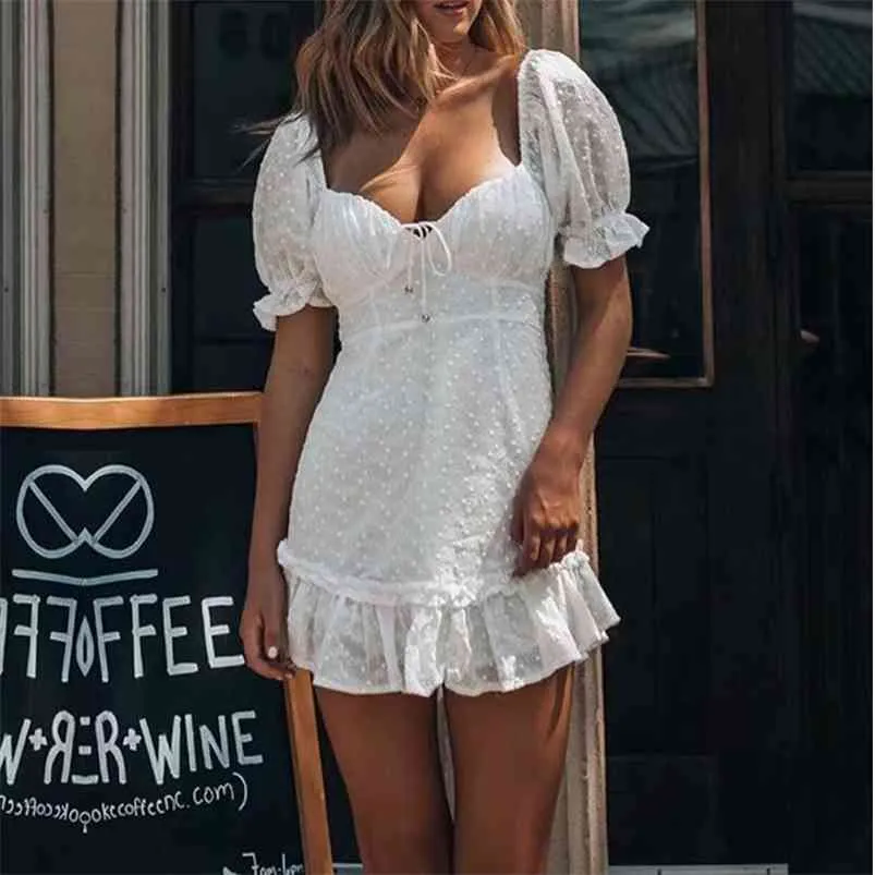 Kvinnor sommar vit chiffong mini klänning kortärmad ihålig ut broderi kvinnlig elegant sexig street party klänningar vestidos 210513