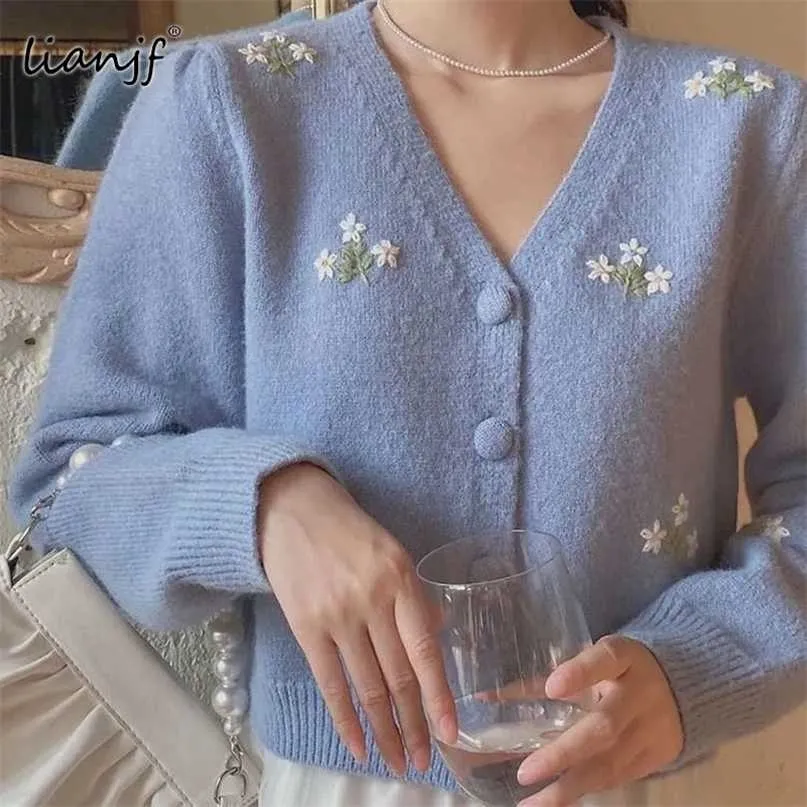 Цветочные вышитые вязаные кардиганские женщины мода свитер негабаритные винтажные V-образным вырезом с длинным рукавом верхняя женская верхняя одежда CHIC 211011
