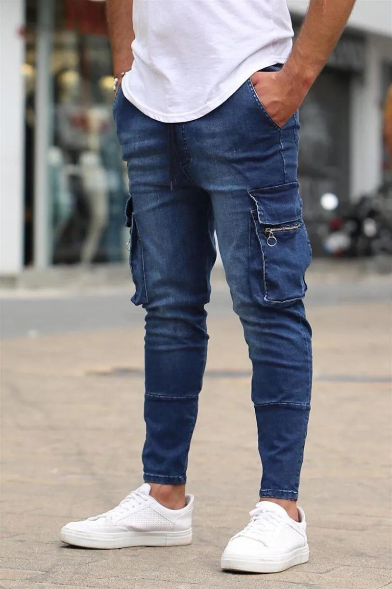 Mäns magra jeans med flerficka och blixtlåsdekorativ sträcka rippad för män Hombre Ropa Biker Pants232G