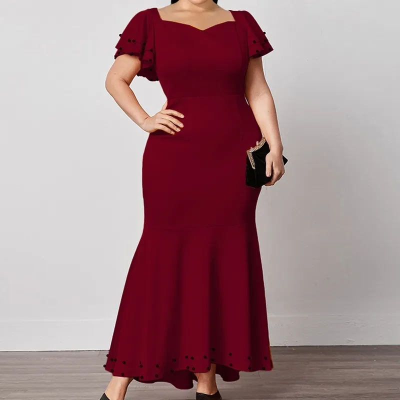 Plus Size Dresses for Women Long Slim Burgundy High Waist Ruffles Sleeves Birthday Evening Party Bodycon Robes Mermaid Gowns 4XL 210527