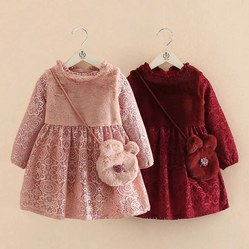 Winter 2-6 7 8 9 10 Years Teenage Cute Chirstmas Gift Embroidery Kids Baby Girls Lace Thickening Princess Dress With Bag 210529