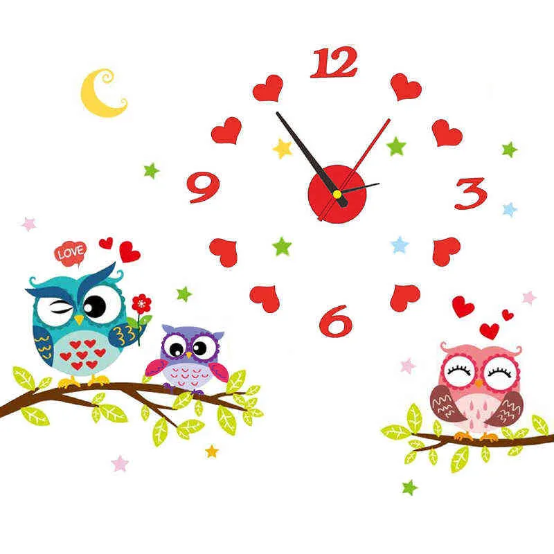 2022 Children'S Room 3D Diy Wall Clock Modern Home Decoration Owl Art Sticker Decal Acrylic Quartz Watch Living Wall Clocks H1230