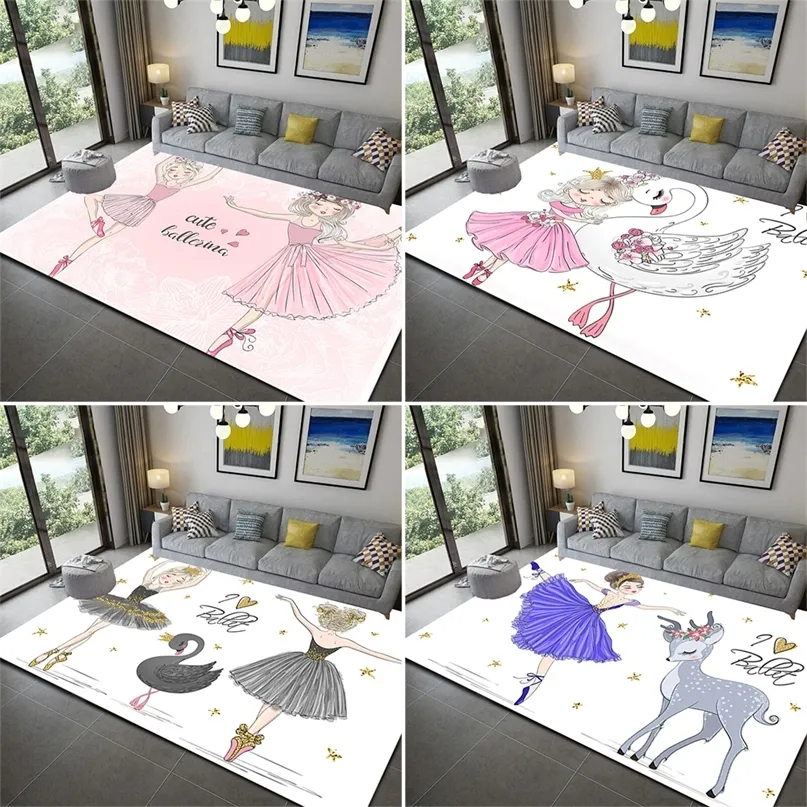 Cartoon Ballet Girl 3D-utskriftsområde Rug Bid Bedroom Game Floor Mat Soft Flannel Memory Foam Room Play Mattor för Living 220301