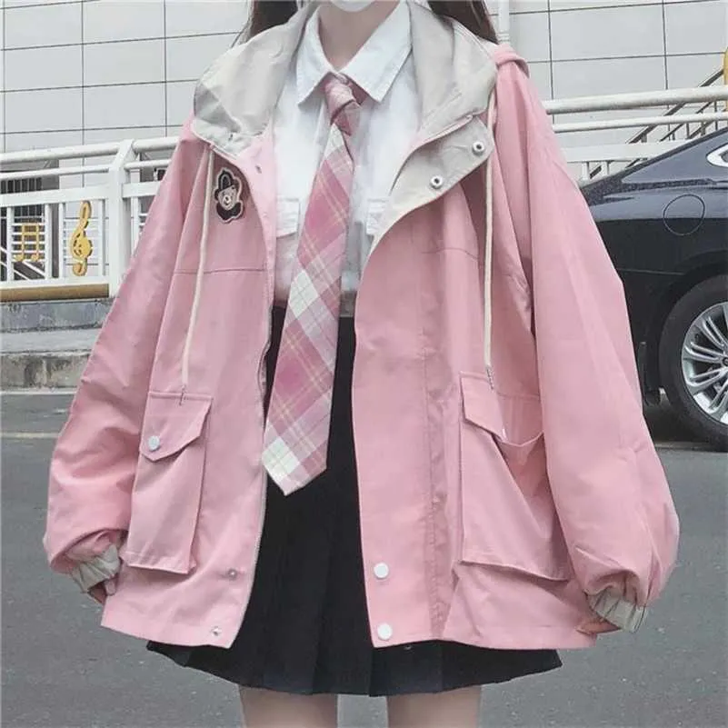 Japanese Kawaii Zipper Pink Woman Jacket Korean Färg Matchande Vinterkläder Lossa söta kvinnliga toppar Rock Manteau Femme 220118