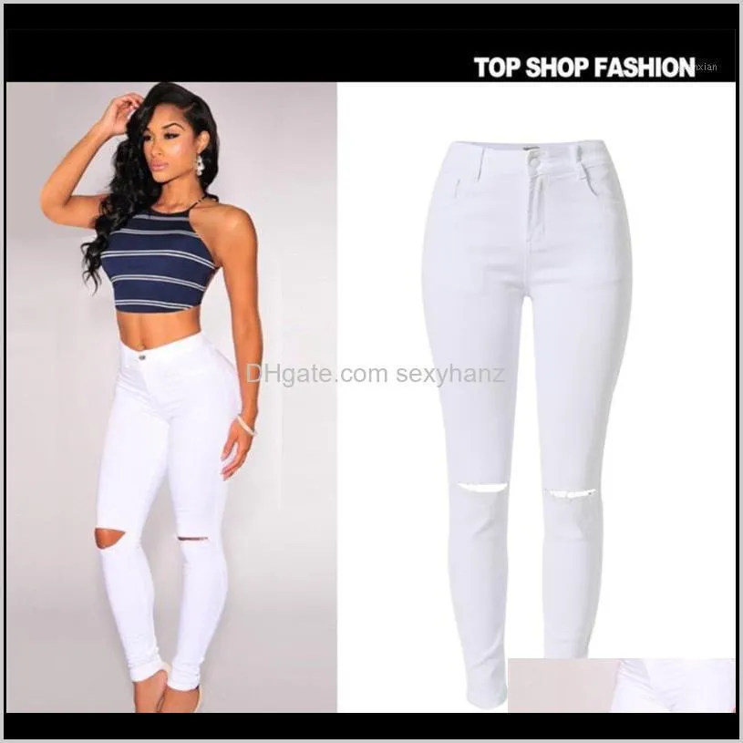 Odzież Odzież Drop Dostawa 2021 Moda Elastyczna Bawełniana White White High Paist Jeans Ripped Hole Knee Skinny Ołówek Spodnie Slim Capris1 0Z