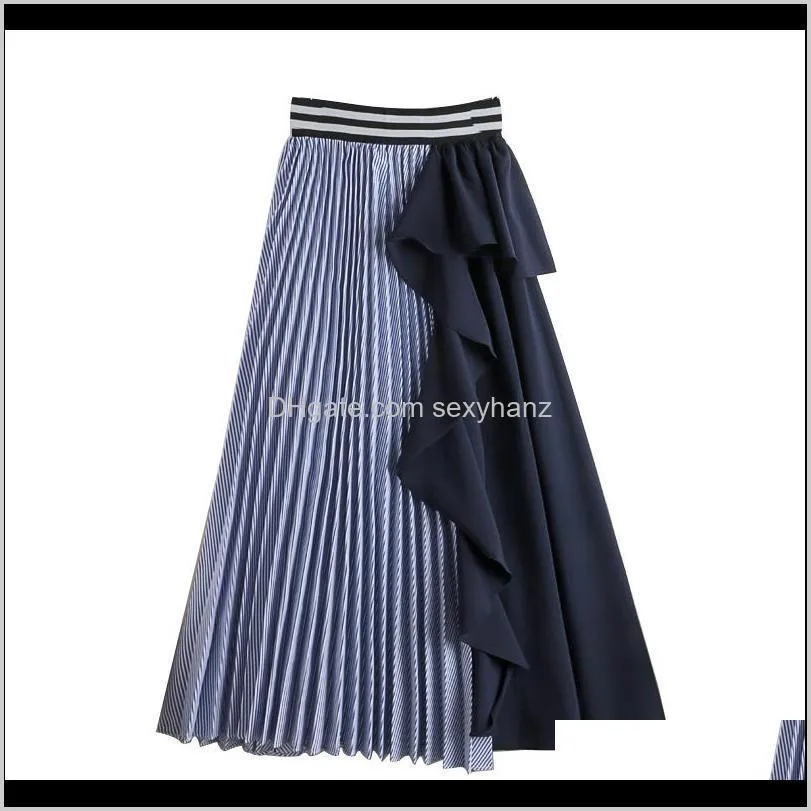 autumn korean style women long striped blue pleated skirt elastic waist ruffles patchwork female a-line stylish party skirts