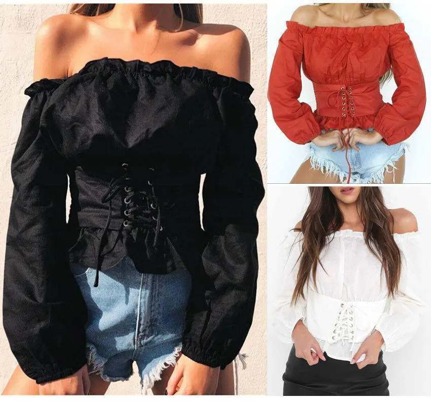 Chemisiers pour femmes chemises mode lanterne manches épaules dénudées haut Corset chemise Sexy hauts femmes à lacets Blouse en Satin