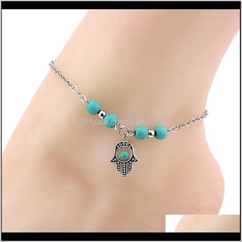 charm anklet hand tree cross round pendant blue bead silver color plated metal chain for women foot anklet gilft