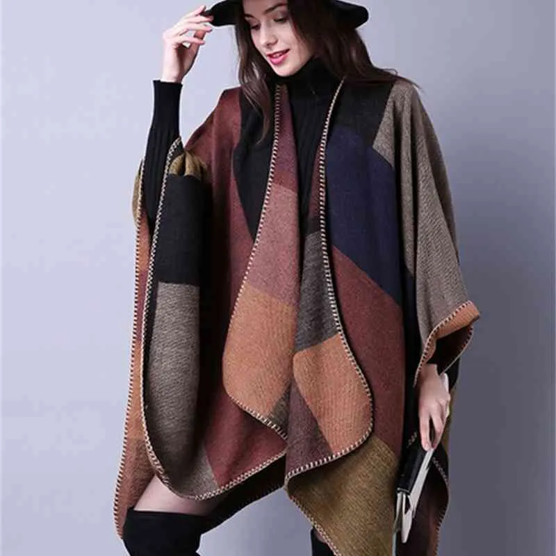 autumn winter scarf grid woman travel shawls wool spinning ladies National intensification cloak cape christmas party cappa