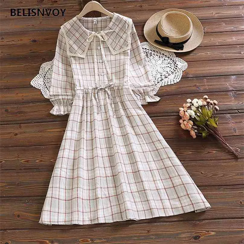 Japanse preppy stijl vrouwen lente jurk kant peter pan kraag plaid femininos vestidos mori meisje schattige kawaii zoete 210520