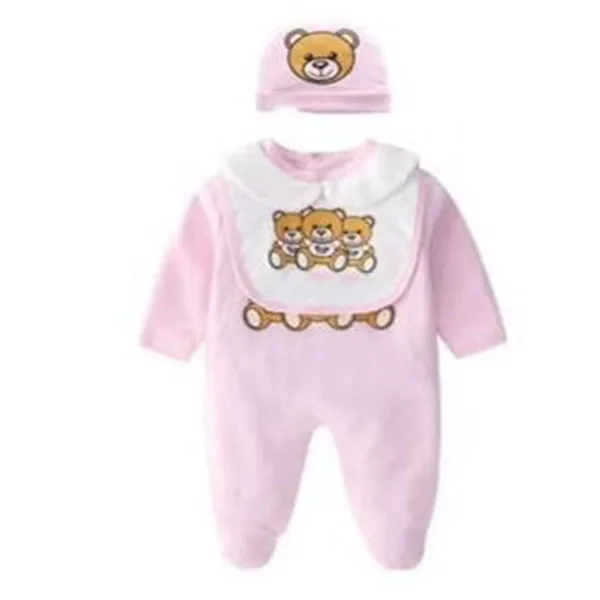 Diseñador lindo conjunto de ropa para bebés recién nacidos, bebés, niños, estampado de oso, mameluco, mono para niña, Baberos y gorro, conjunto de trajes 0-18 8405