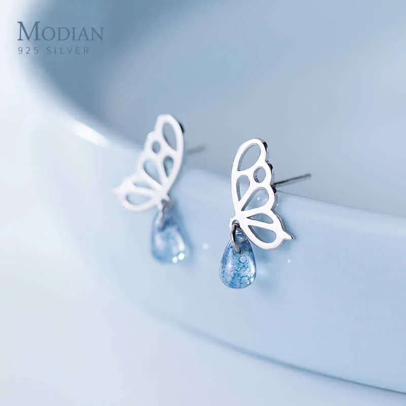 Elegant Luxury Butterfly Swing Blue Drop Water Crystal Stud Earrings For Women Sterling Silver 925 Fine Jewelry 210707
