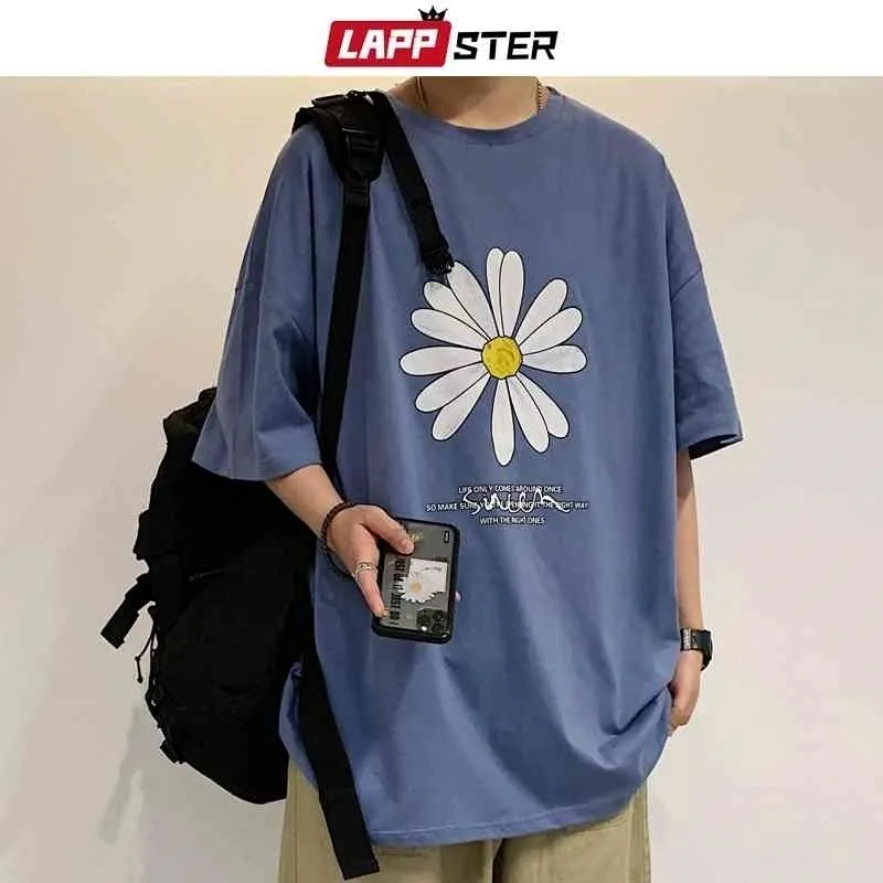 LAPPSTER Men Summer Dirty Flower Harajuku T-shirts Man Casual Japanese Streetwear White Tshirts Male Korean Cotton Clothing 210410