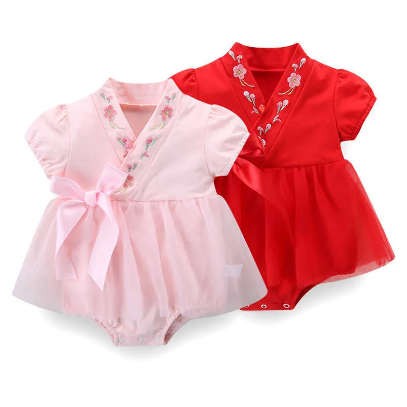 赤ちゃんの女の子の花刺繍ロンパースドレス夏の服のためのローマのドレス