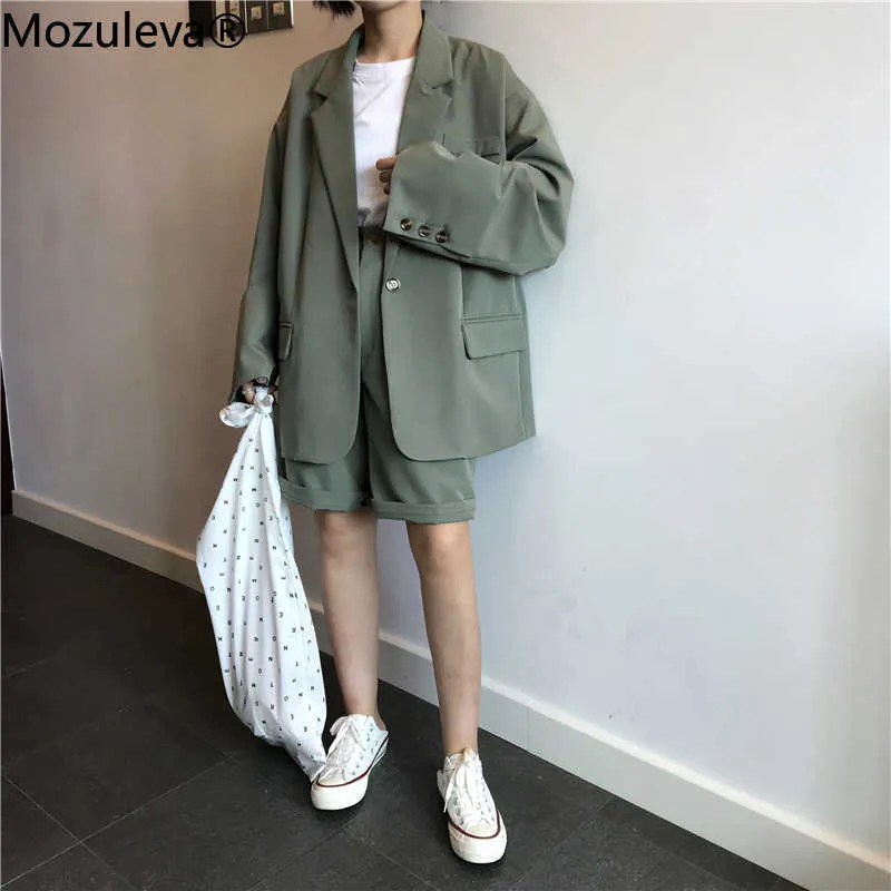 Mozuleva Mulheres Retro Solta Blazer Conjuntos Single-Breasted Jacket Lápis Shorts 2 Peças Conjuntos Feminino Escritório Senhoras Blazer Suits Y0702