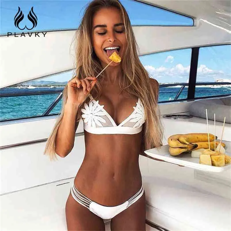 PLAVKY Sexy White Mesh Embroidered Flower Strappy Biquini Micro Bathing Suit Swimsuit Thong Swimwear Women Brazilian Bikini 210621