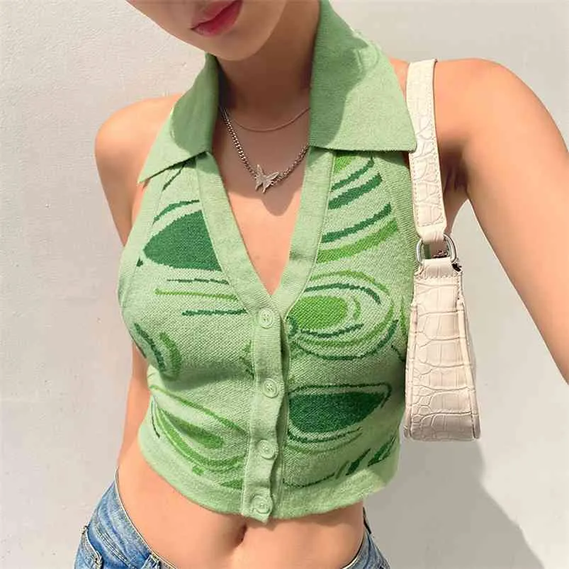 Top corto de punto Y2K para mujer, cuello Halter, espalda descubierta, verano, verde, V, informal, sin mangas, Vintage, Sexy, camisetas sin mangas, ropa de calle 210427