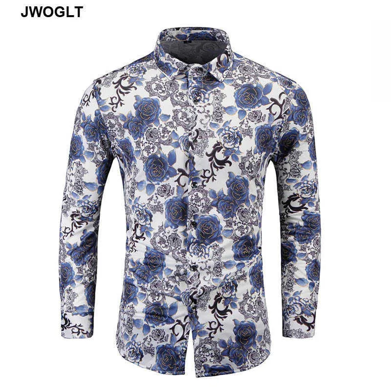 秋の高品質のマーセル化された綿の柔らかい快適でわずかに弾性のボタンダウン長袖花のシャツ210528
