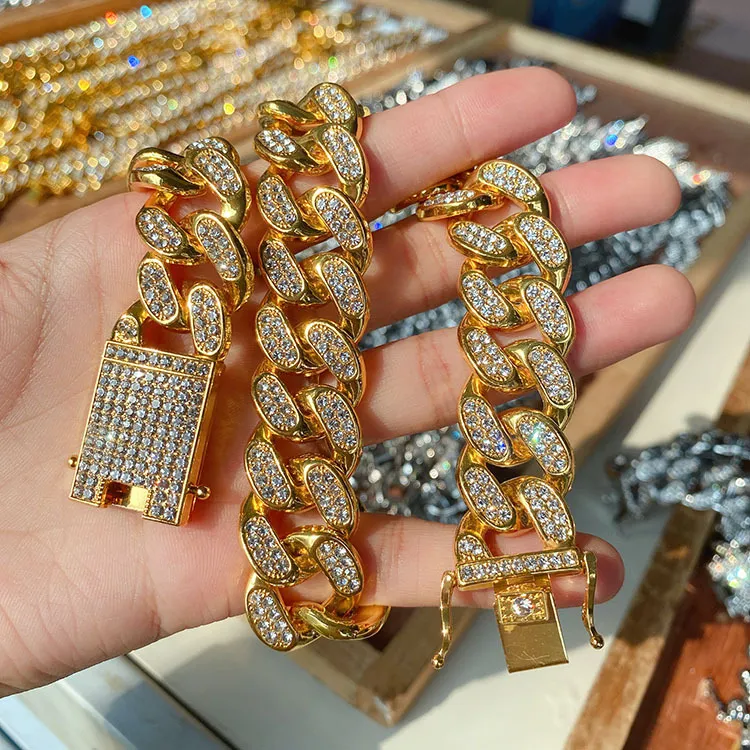 Herren Gold Iced Out Miami Kubanische Gliederkette Armbänder Halskette 2cm Hip Hop Bling Ketten Schmuck
