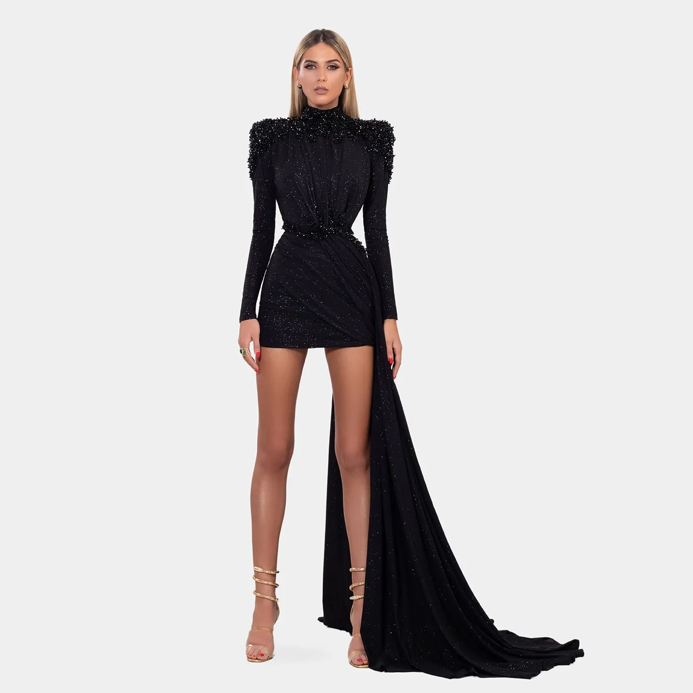 Elegante vestido de noite curto preto com sobre a saia lantejoula vestidos de baile de travessas compridas festa segunda recepção vestidos