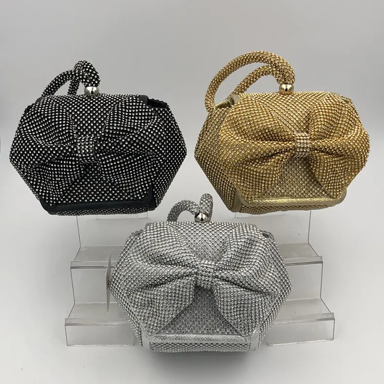 Pochette di lusso con diamanti per le donne Borse da sera con fiocco Borse e borsette Borsa a catena per banchetti in argento dorato