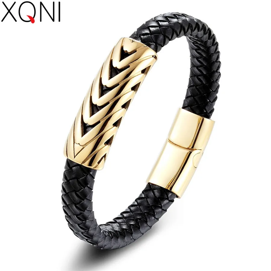 XQNI Cadeaux de vacances personnalité Bracelet en cuir véritable Serpentine arrow Design Bangle de couleur or pour hommes Mode bijoux