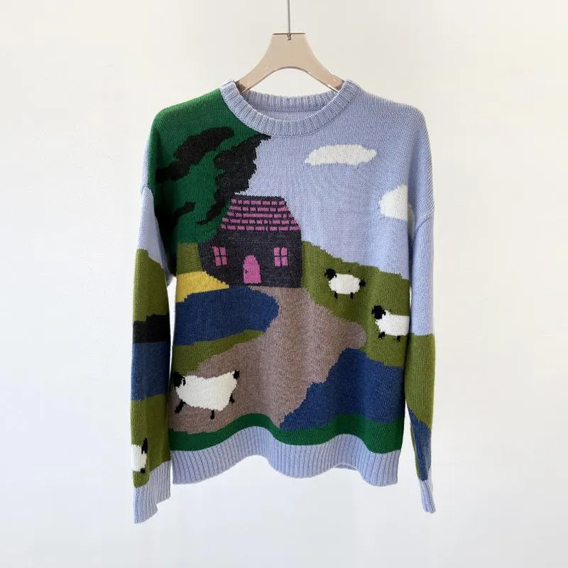 Women's Sweaters Cartoon Print Knit Sweater 2021 Autumn Winter Alpaca Wool Blend O-Neck Long Sleeve Ladies Knitted Pullover Femme Top