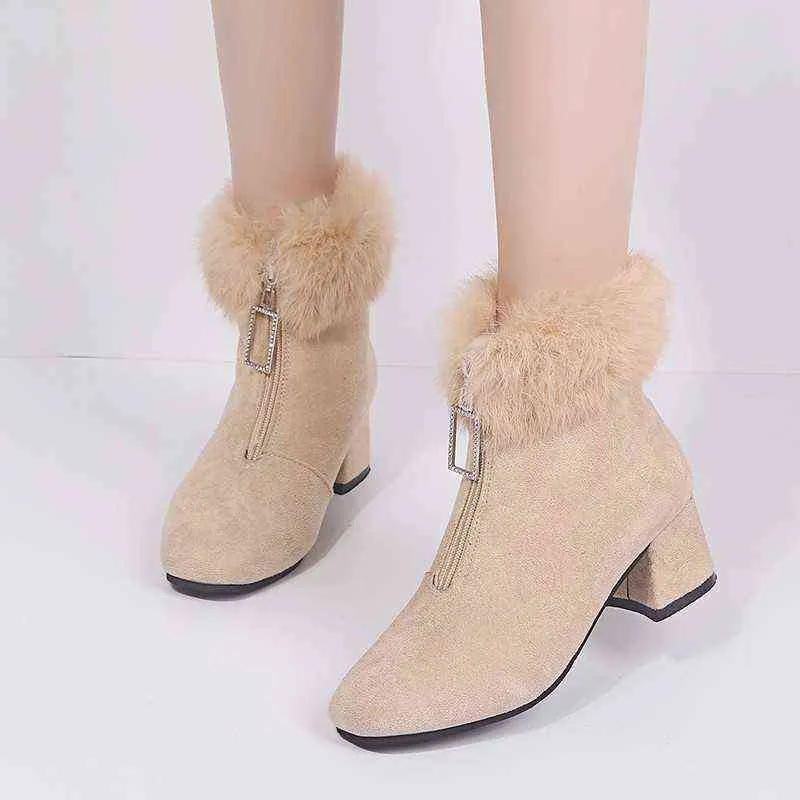 Warm Plush Winter Boots Women Shoes Woman Real Fur Block Med Heels Zipper Autumn Boots Solid Flock Plus Size 42 Ladies Boots Y1105