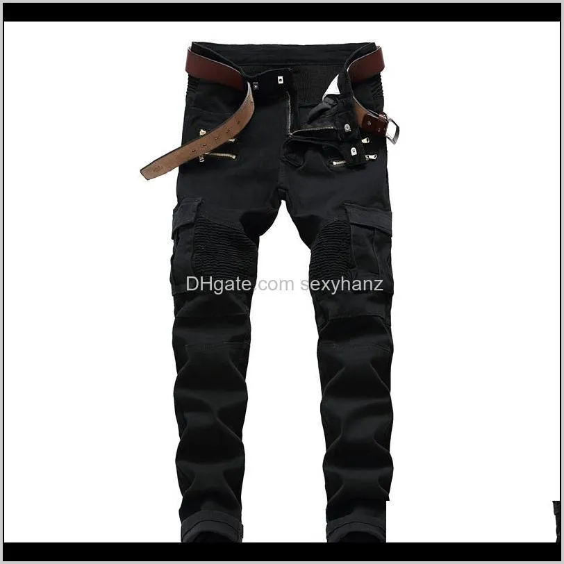 Vêtements Vêtements Drop Livraison 2021 Jeans Moto Denim Casual Pantalon Noir Zip Poche Décorative Pli Cool Couleur Unie Hommes Stretch Pan