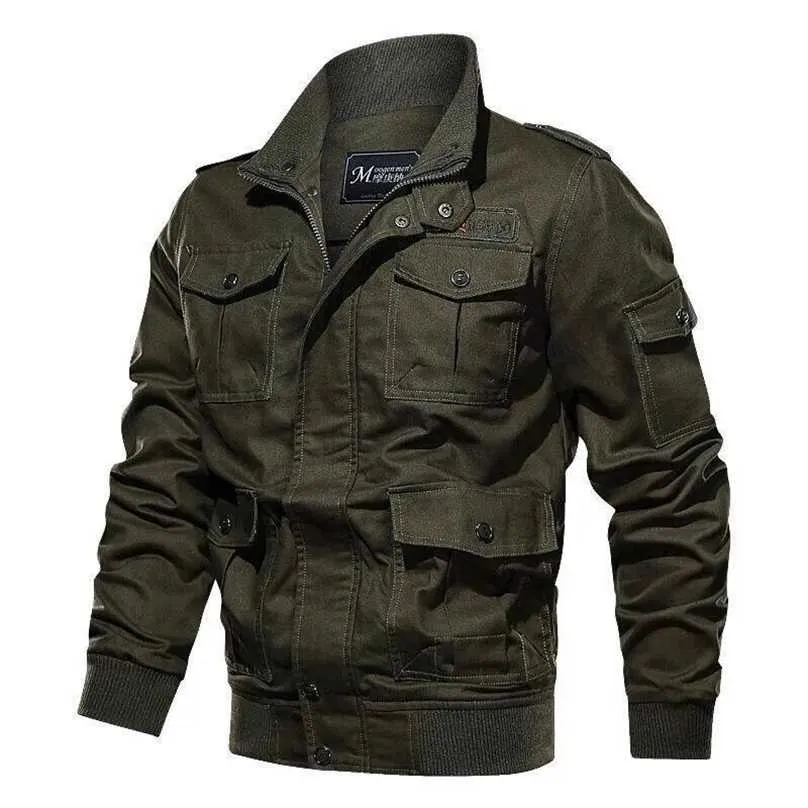 Plus Size M-6XL Men Autumn Winter Jacket Cotton Casual Cargo Air Force Flight Military Multi-Pocket Jackets 211217
