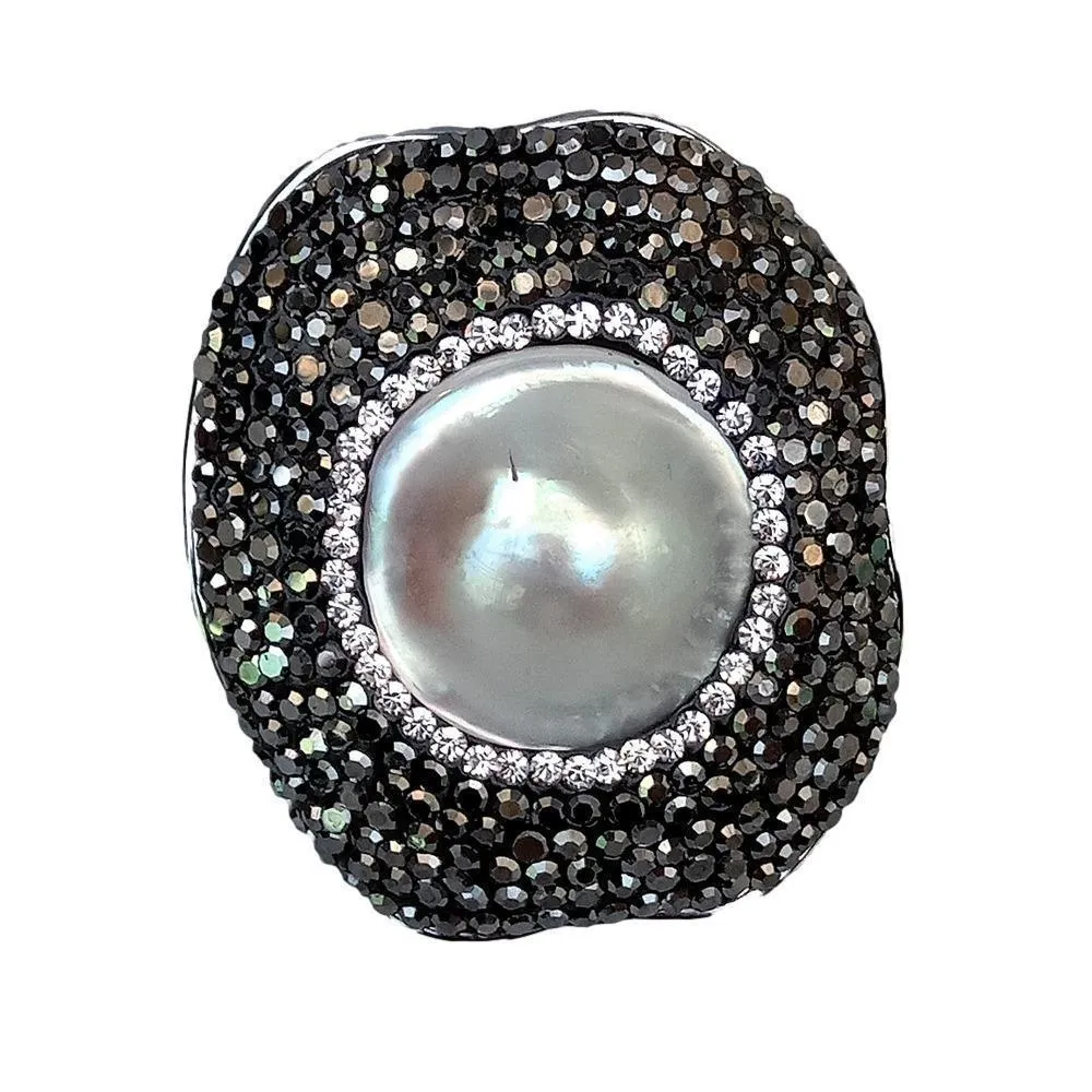 Y. 자연 동전 화이트 Mabe Pearl Black Rhinestone Pave Ring 조정 가능