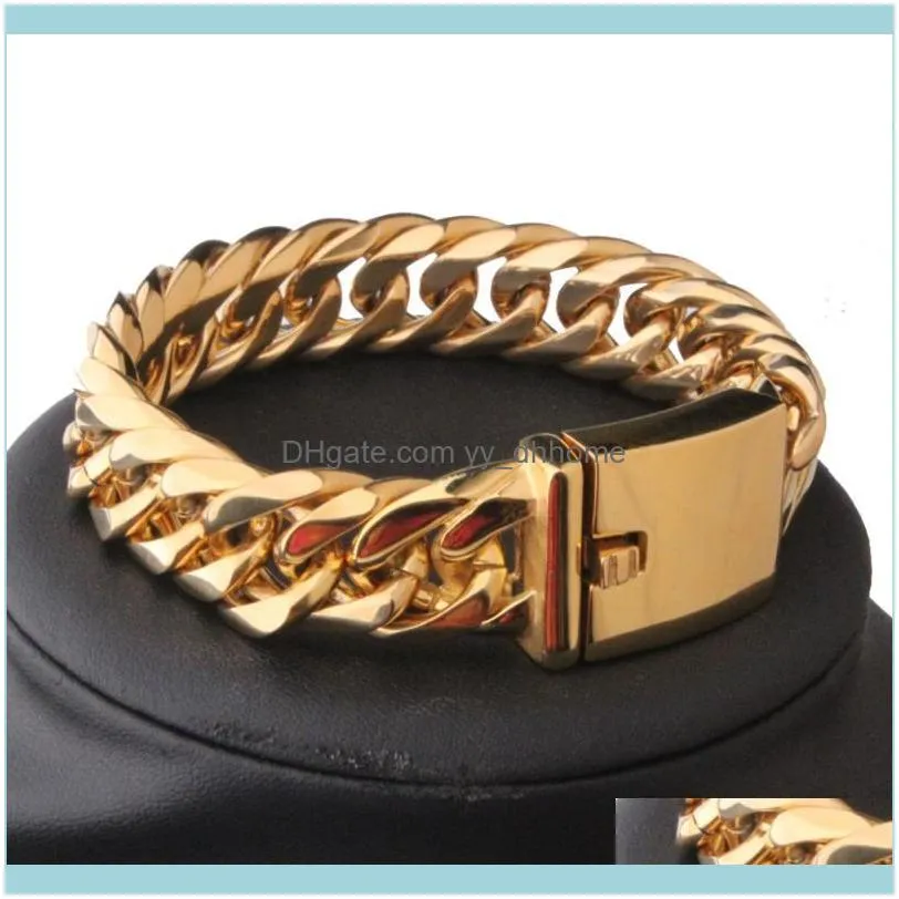 16mm Wide Polished 316L Stainless Steel Gold Tone Cuban Curb Chain Men`s Bracelet 7
