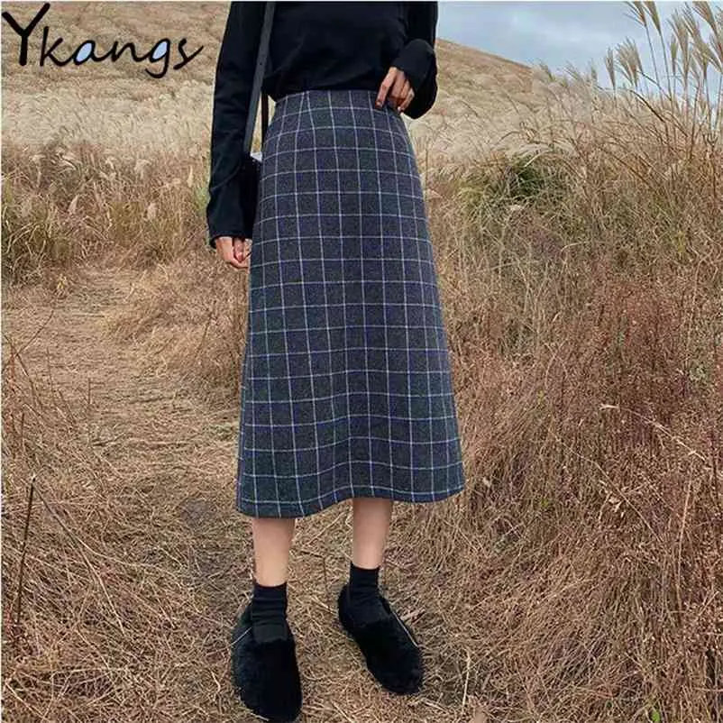 Plus Size 4XL Vintage Wełniana Plaid Spódnica Kobiety Wysoka Talia Jesień Zima Długie Panie Eleganckie Woolen Midi Dla Dziewczyny 210421