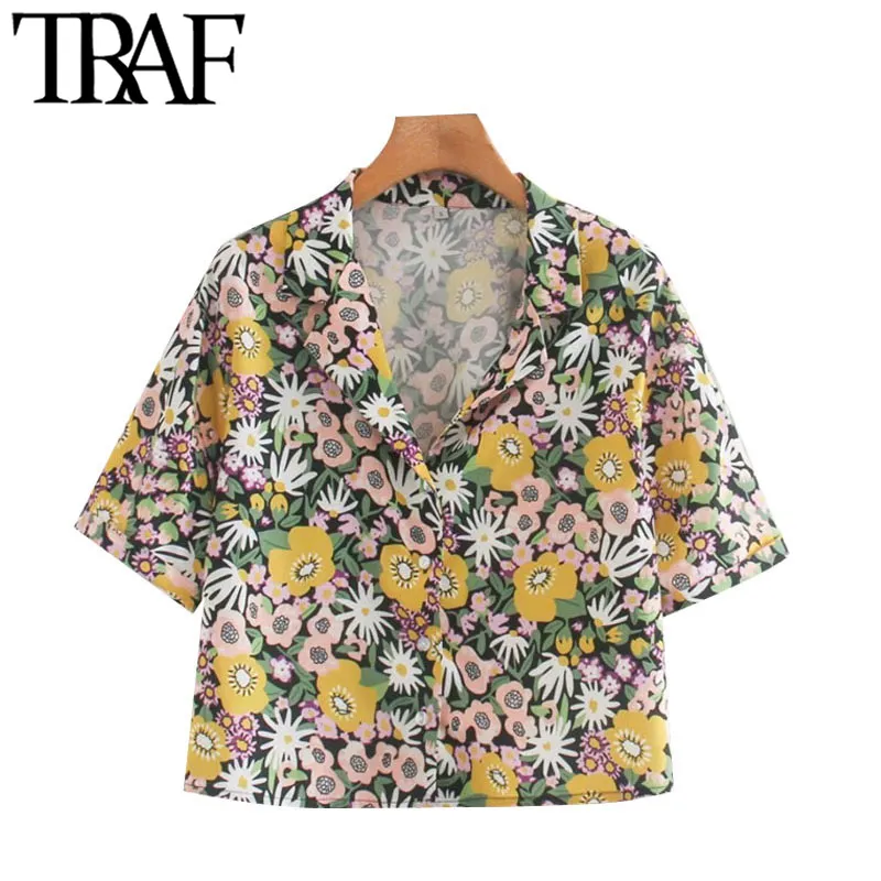 Traf Women Fashion Floral Print Button-Up Blouses Vintage Rapel Collar Short Sleeve Beach Female Shirts Chic Tops 210415