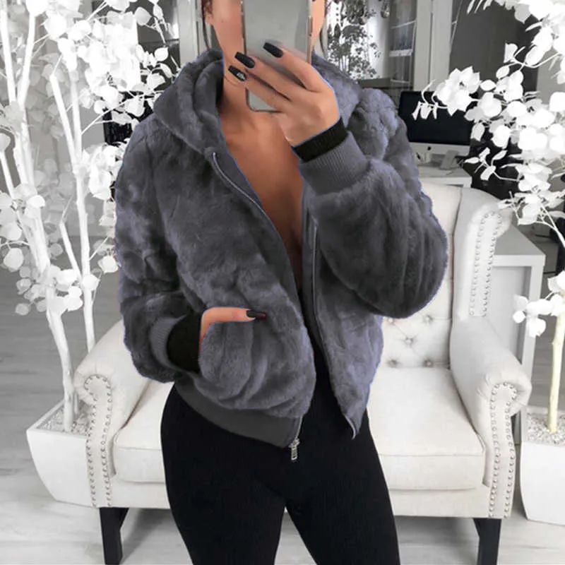 Womens Winter Faux Fur Teddy Coat With Thick Fluffy Pockets And