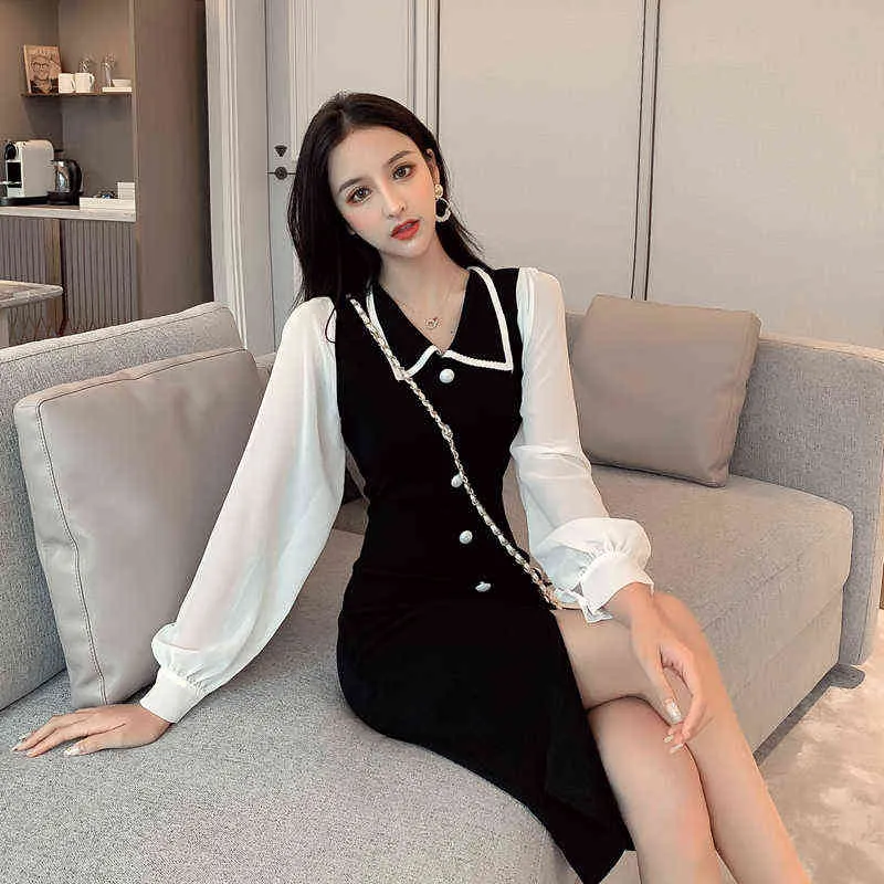 2019 new women dress fashion winter snow spins knitting stitching color long sleeve dress G1214