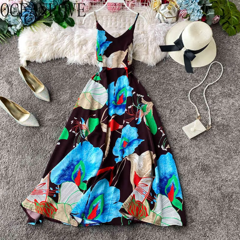 Beach Style Print Vestidos Spring Summer V Neck Chiffon Long Dress Women Bohemian A-line Korean Fashion 14249 210415