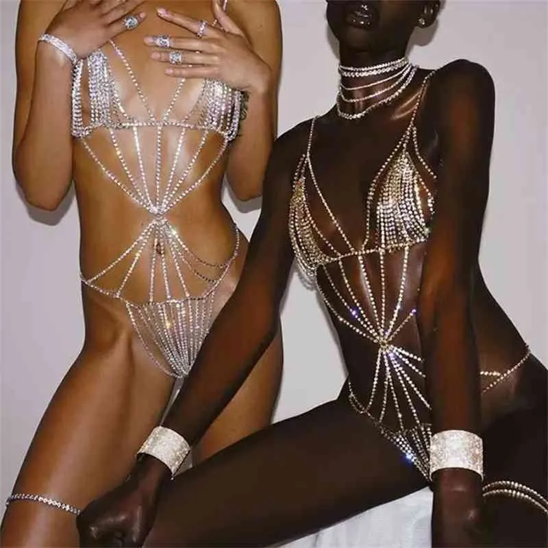 女性のファッションランジェリーチェーンブリンスイングブラタとひもセットジュエリーのためのセクシーな高級ビキニボディハーネス