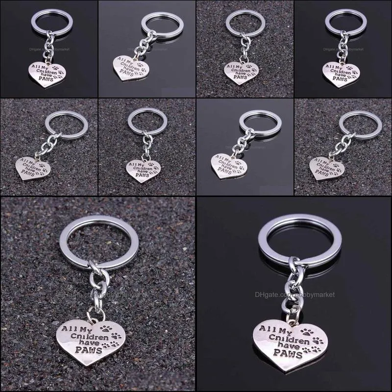 New Fashion Animal Jewelry All My Children Have Paws Heart Animal Dogs Key Chain Women Keychain Silver Plating Hot selling