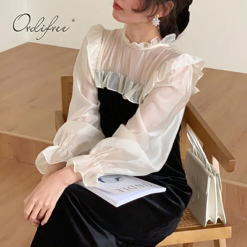 Spring Autumn Fashion Ruffle Patchwork Maxi Dress Sleeve Lace Up Elegant Women Tunic Long Vintage Dresses 210415