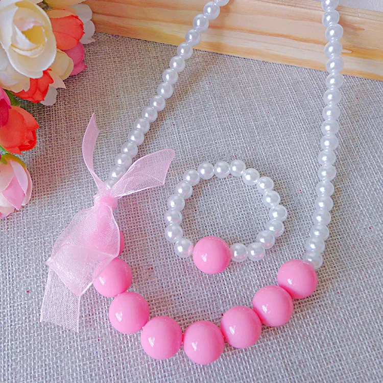Wholesale Korean Children s Jewelry Set Handmade Beaded Sweater Chain Gift for Girls Princess Costume Ribbon Bow Accessories