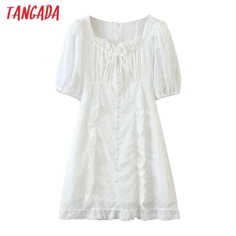Fashion Women White Ruffle Lace Short Sleeve Ladies Vintaage Mini Dress Vestidos SP21 210416